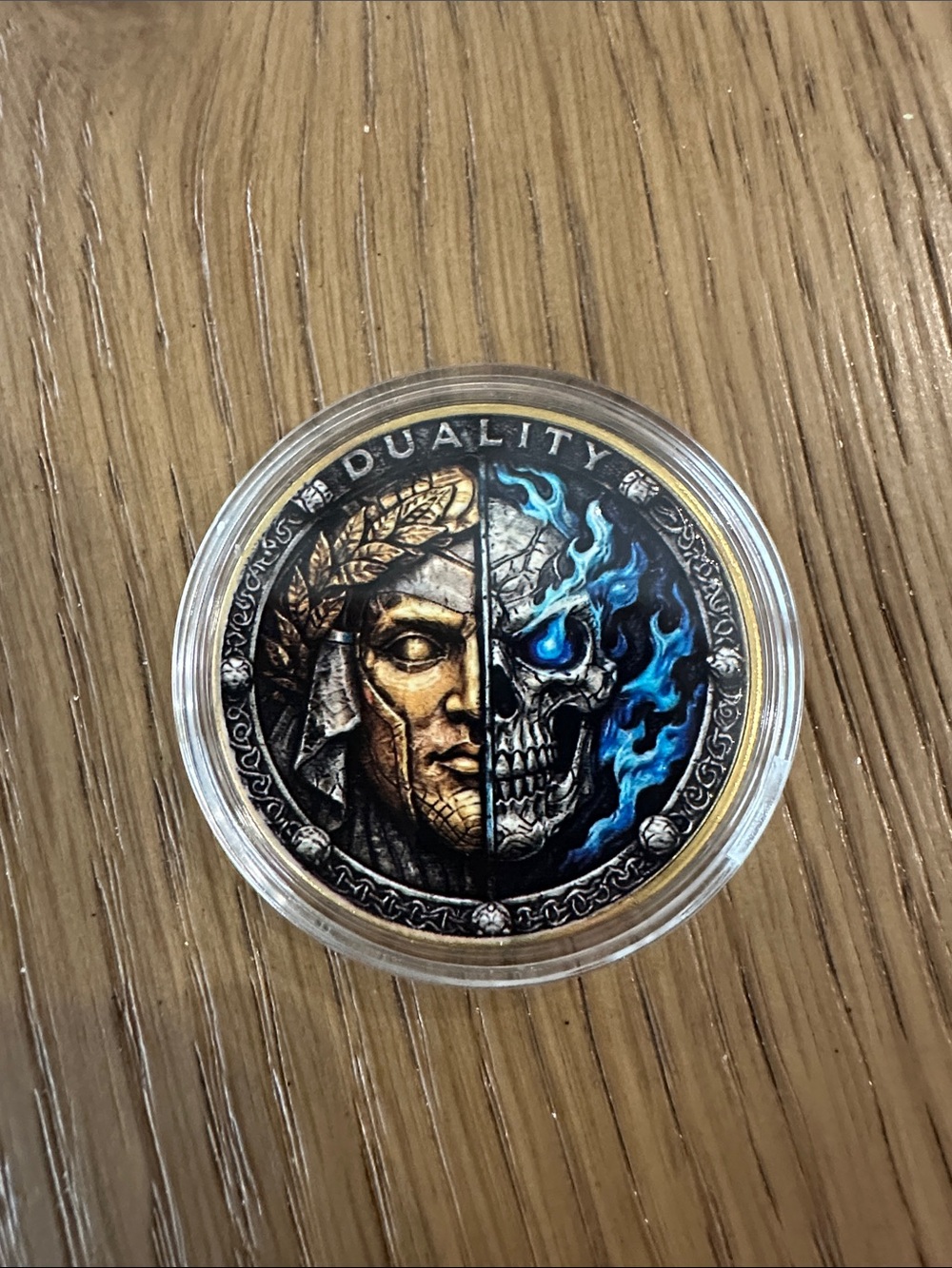 Duality Medallion Coin with Blue Flame Skull Design